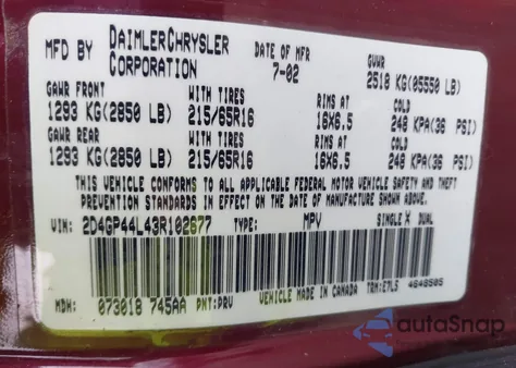 2003 Dodge Grand Caravan Sport z USA, uszkodzony, nr VIN 2D4GP44L43R102677